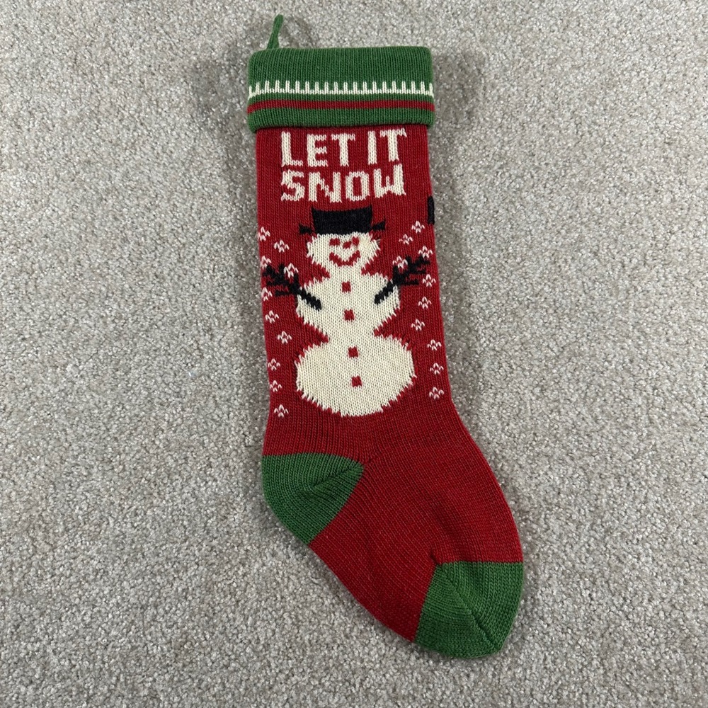 Red Knit Let‎ It Snow Snowman Christmas Stocking Green Trim Holiday Decor